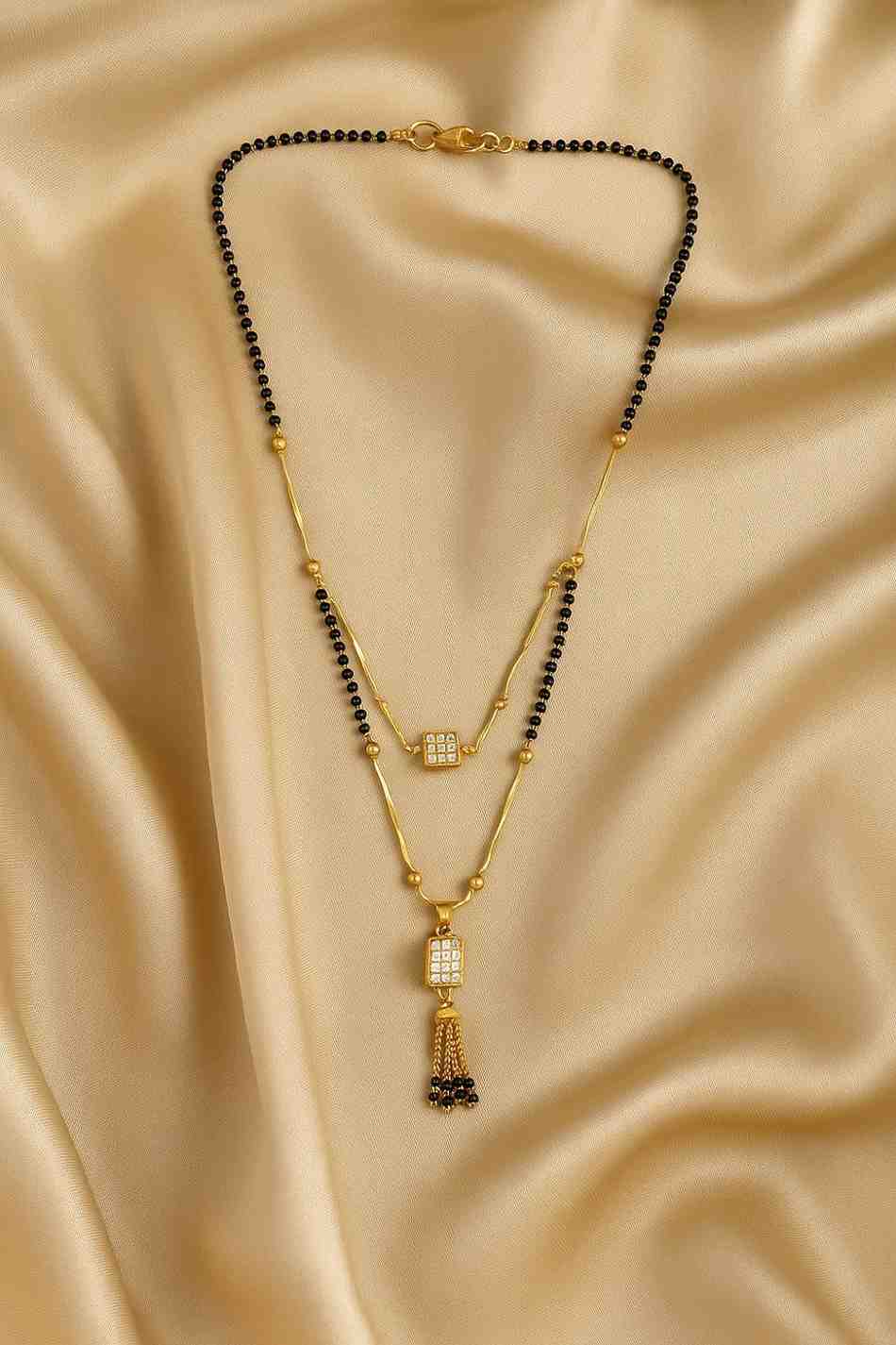 Dual-Layer Square Pendant Mangalsutra – Premium Gold-Plated Black Bead Chain for Modern Brides
