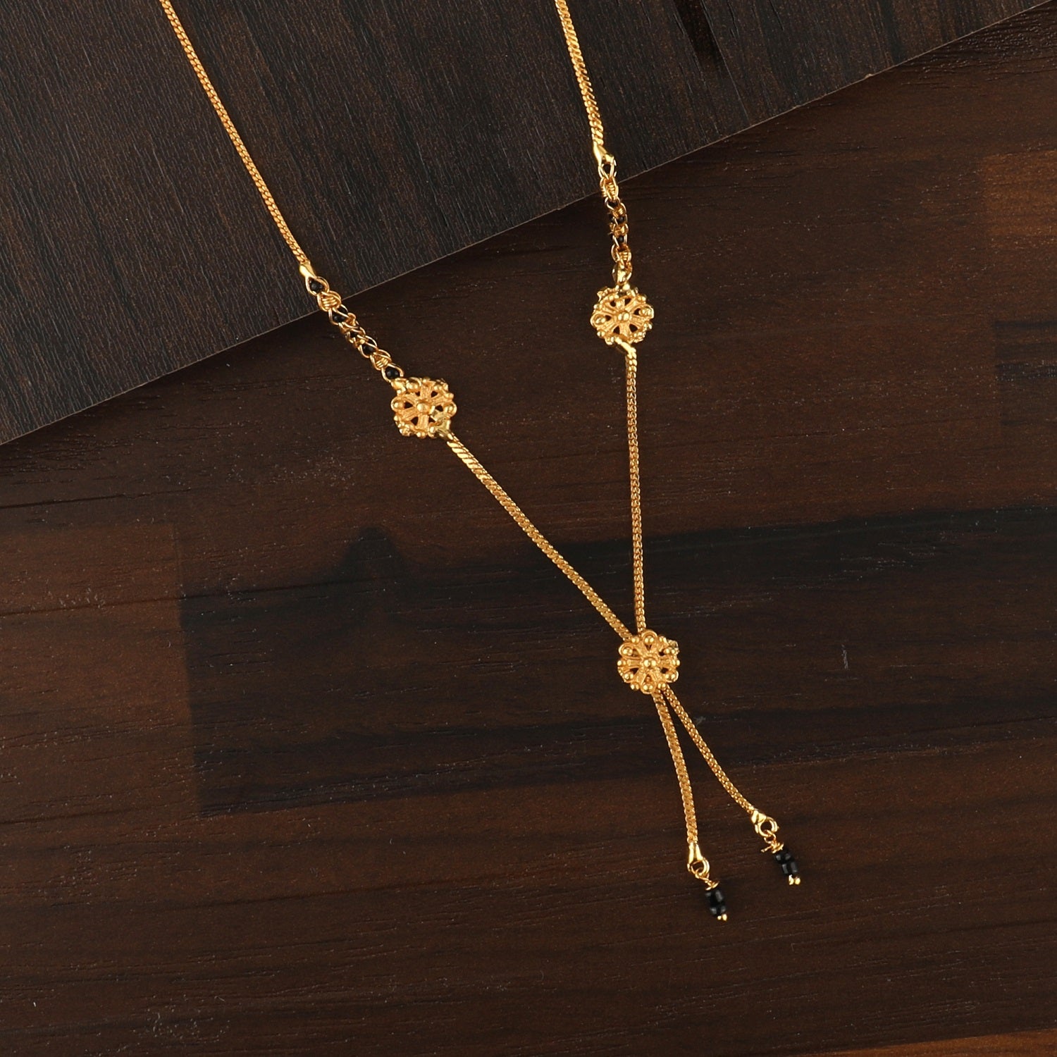 Floral Dual Drop Gold Plated Mangalsutra 💛 | Lightweight Daily Wear Black Bead Chain