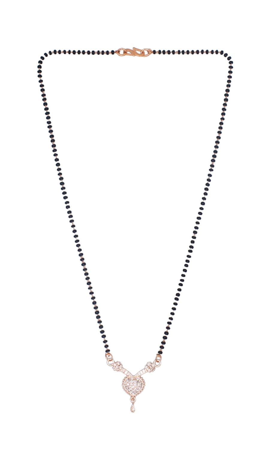 Heart Drop Diamond Mangalsutra – Rose Gold Plated Black Bead Chain for Daily Elegance 💖