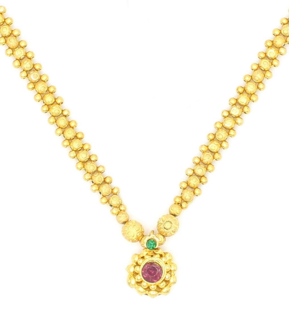 Royal Gold-Plated Floral Pendant Necklace with Pink & Green Stones – Traditional Bridal & Festive Jewellery