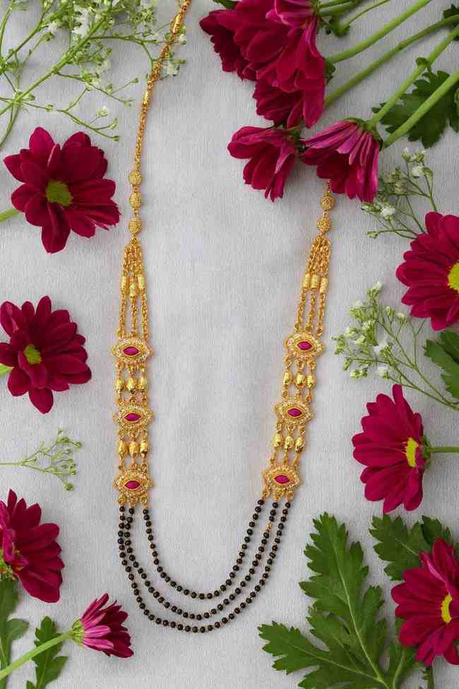 Royal Gold-Plated Double-Layer Long Mangalsutra – Red Stone & Black Bead Design