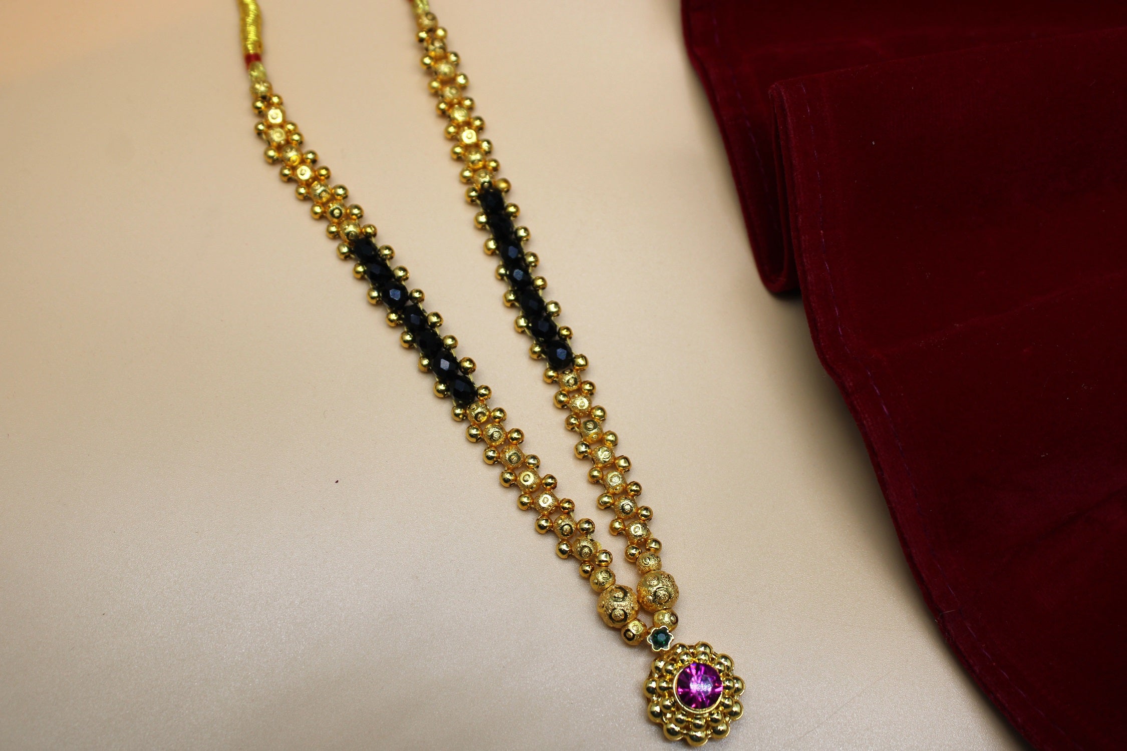 Traditional Gold-Plated Dual-Layer Mangalsutra with Ruby-Green Pendant 💛