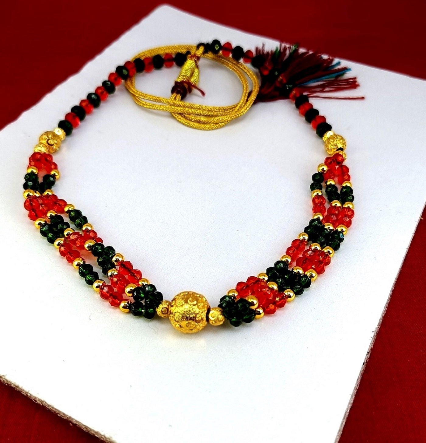 Classic Red & Green Beaded Necklace with Golden Centerpiece – Traditional Festive Jewellery for Women
