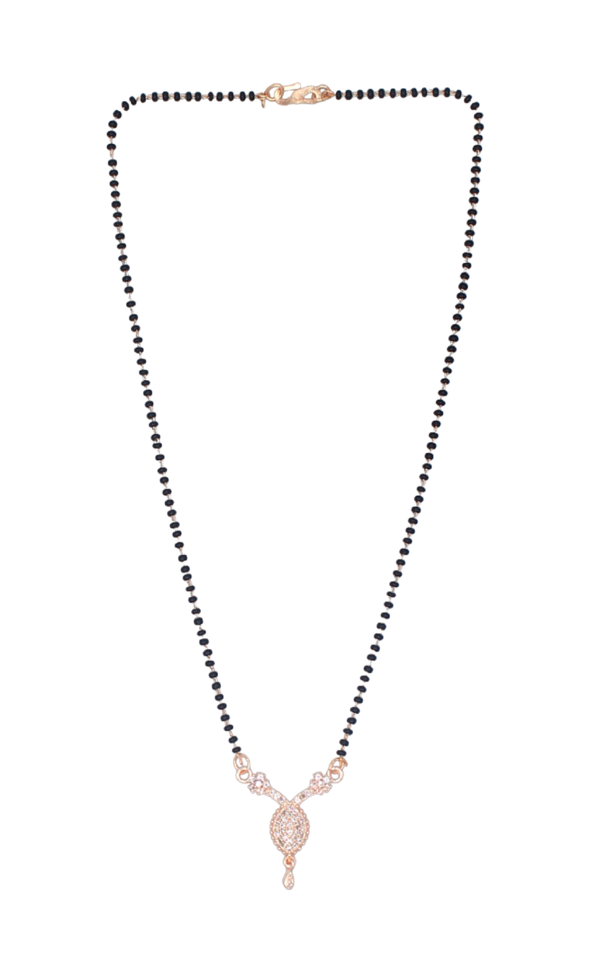 Elegant Teardrop Diamond Mangalsutra – Rose Gold Plated Black Bead Necklace 💎