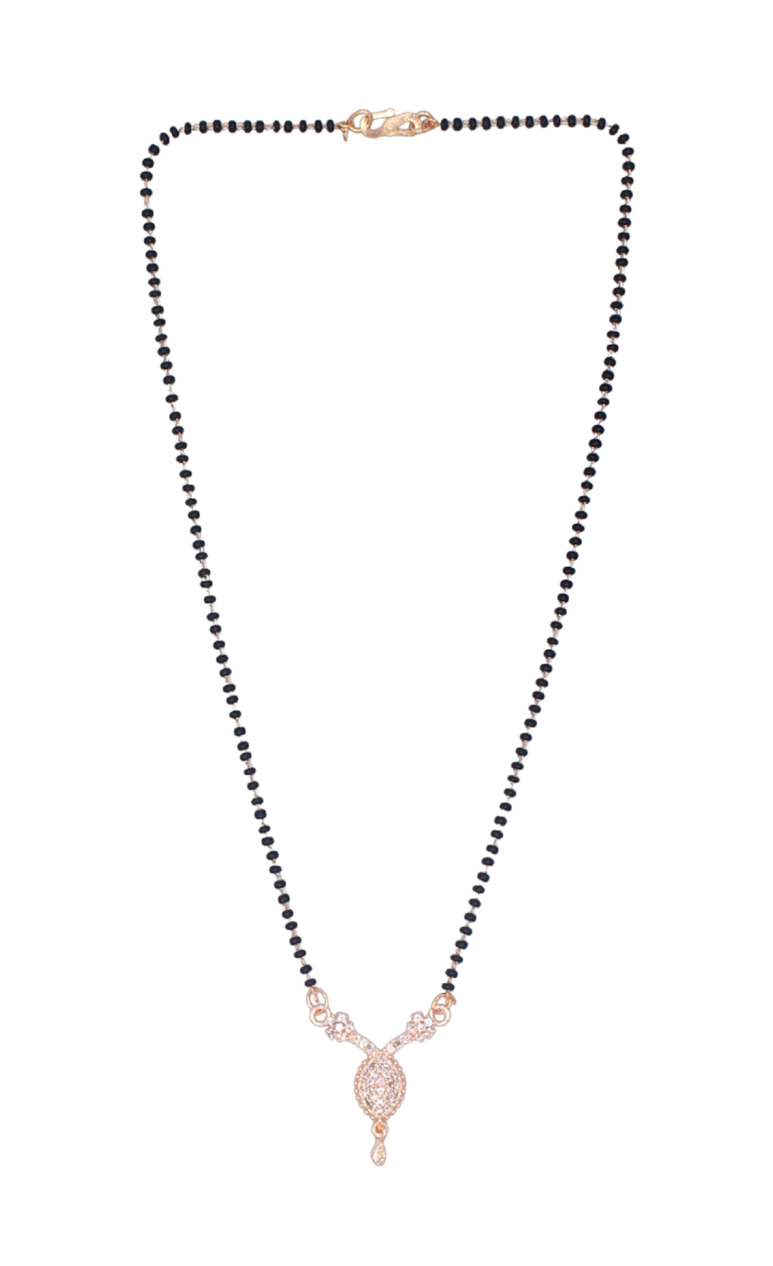 Elegant Teardrop Diamond Mangalsutra – Rose Gold Plated Black Bead Necklace 💎