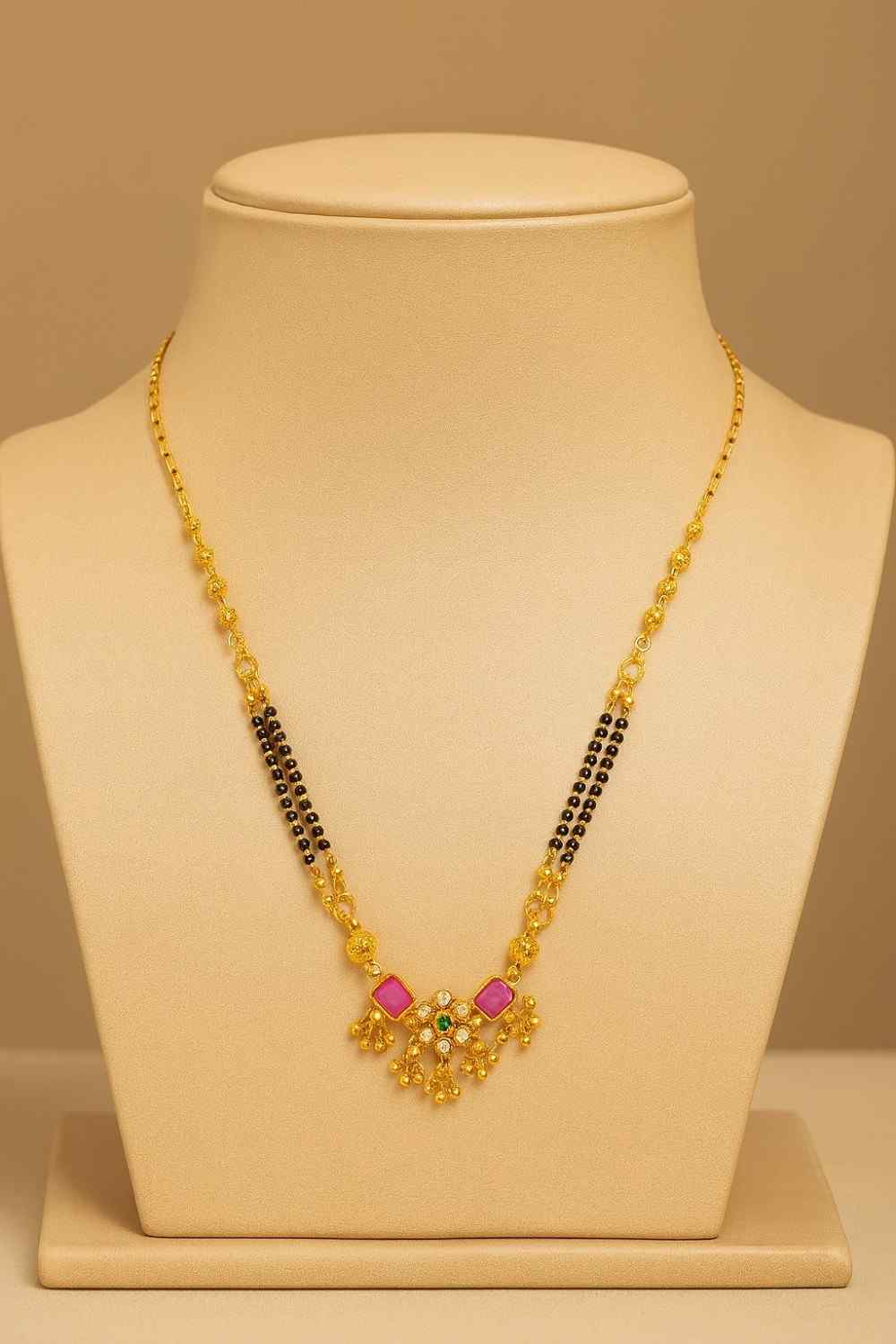 Traditional Gold-Plated Mangalsutra with Ruby-Green Stones & Black Beads – Premium Bridal & Daily Wear Design