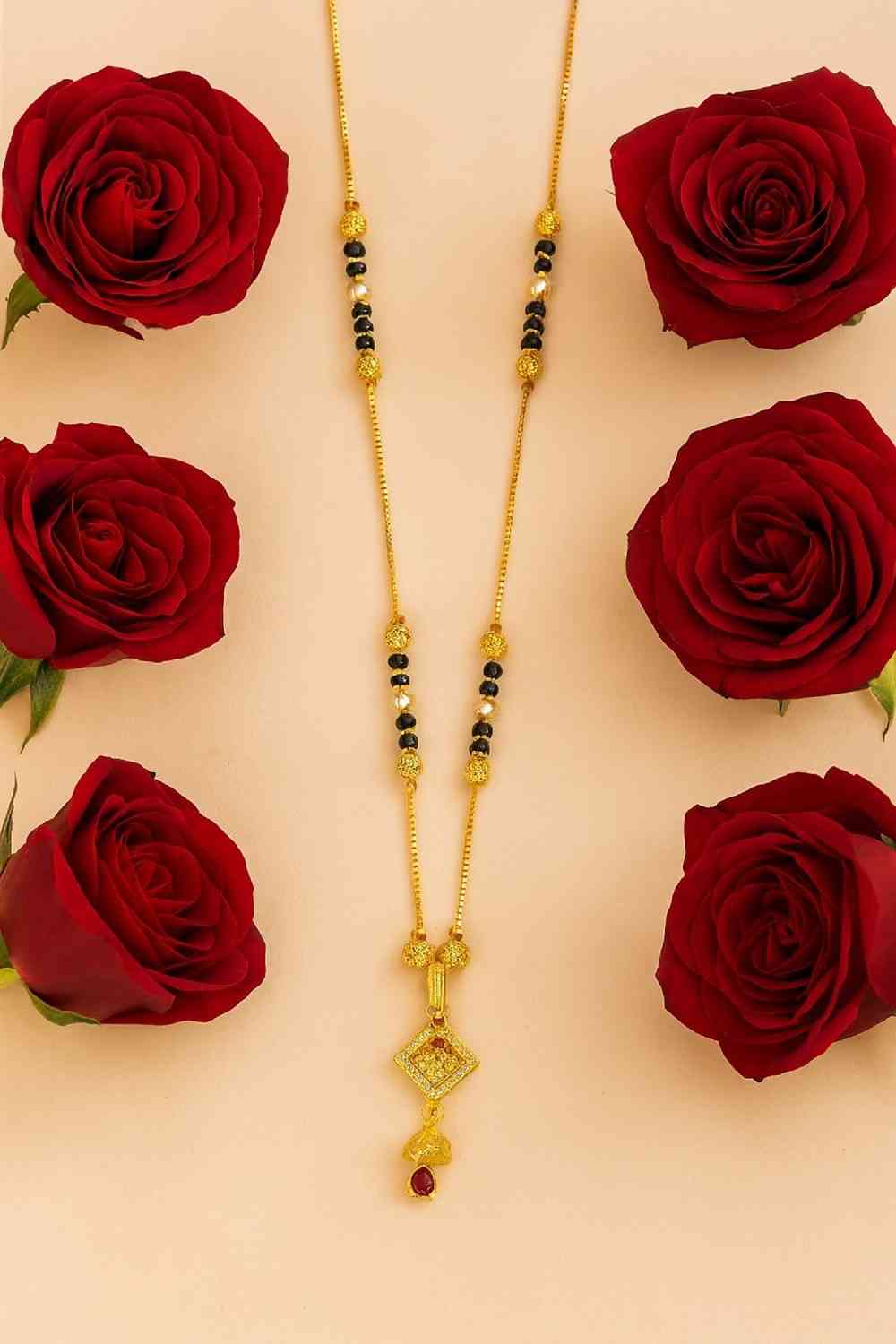 Gold-Plated Traditional Diamond Mangalsutra – Red Stone Pendant with Pearl & Black Beads