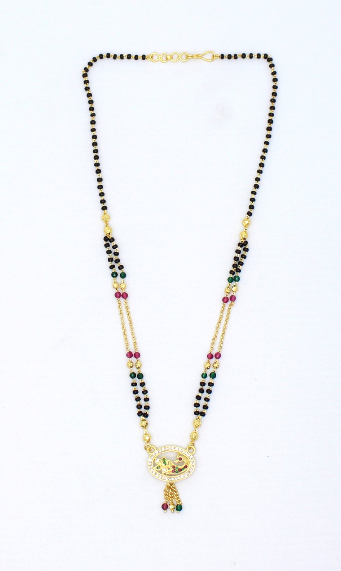Traditional Gold-Plated Mangalsutra with Ruby Beads & Round Pendant – Elegant Daily Wear Design