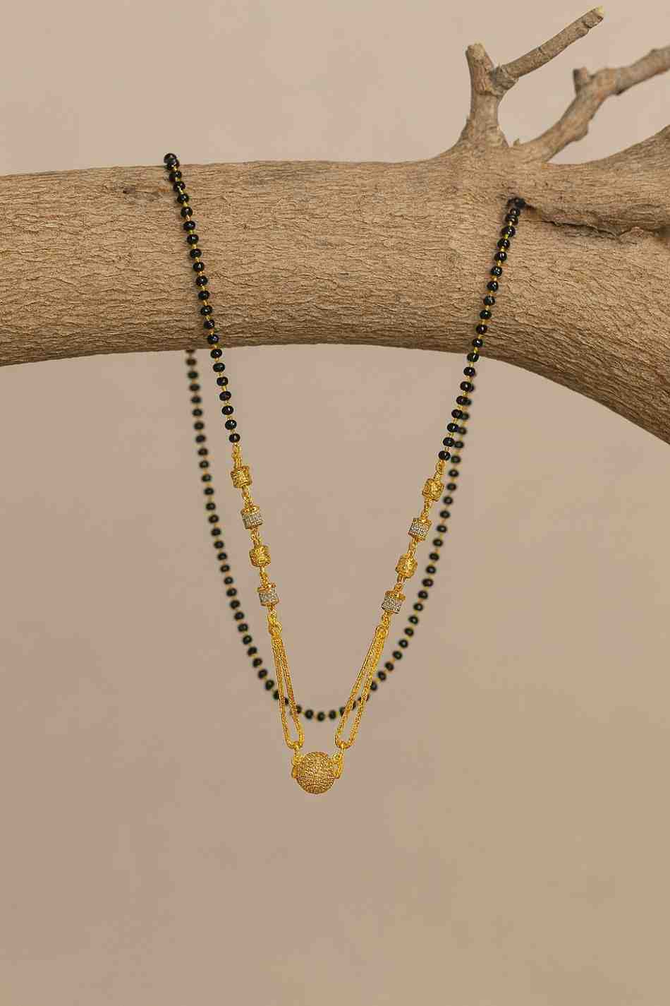 Classic Gold-Plated Black Bead Mangalsutra – Elegant Ball Pendant Daily Wear Design
