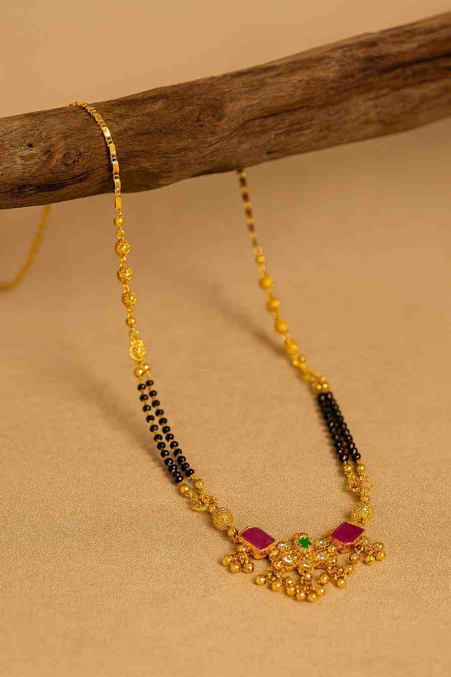 Traditional Gold-Plated Mangalsutra with Ruby-Green Stones & Black Beads – Premium Bridal & Daily Wear Design