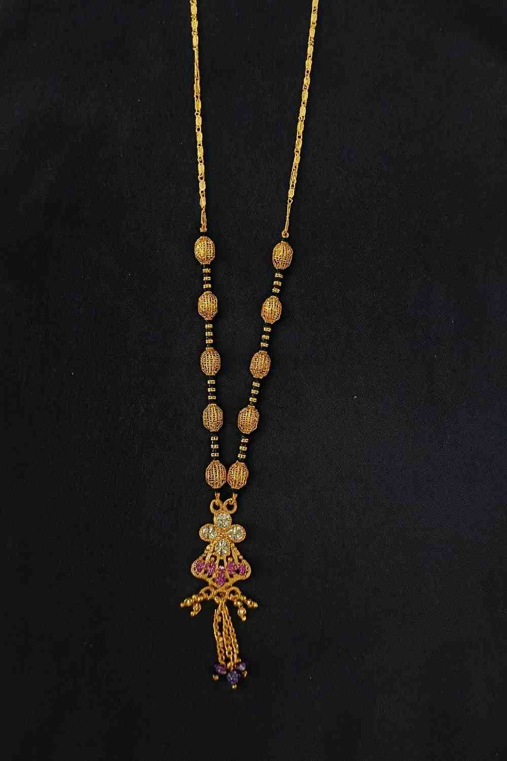 Royal Gold-Plated Double-Layer Long Mangalsutra – Red Stone & Black Bead Design