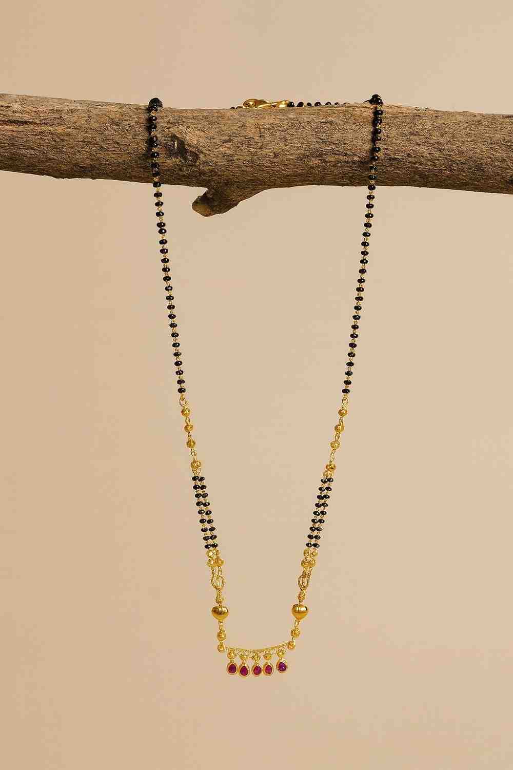 Minimal Ruby Drop Mangalsutra – Gold-Plated Black Bead Chain for Everyday Elegance