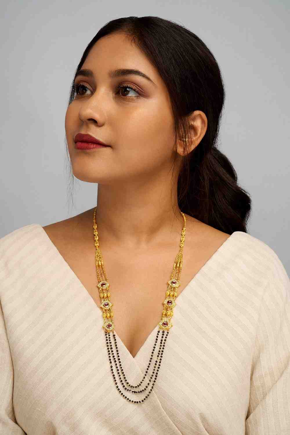 Royal Gold-Plated Double-Layer Long Mangalsutra – Red Stone & Black Bead Design