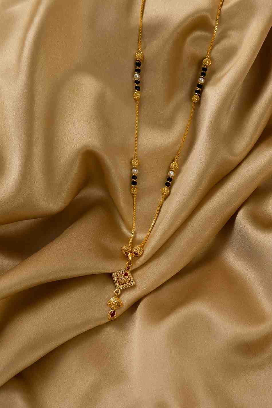 Gold-Plated Traditional Diamond Mangalsutra – Red Stone Pendant with Pearl & Black Beads