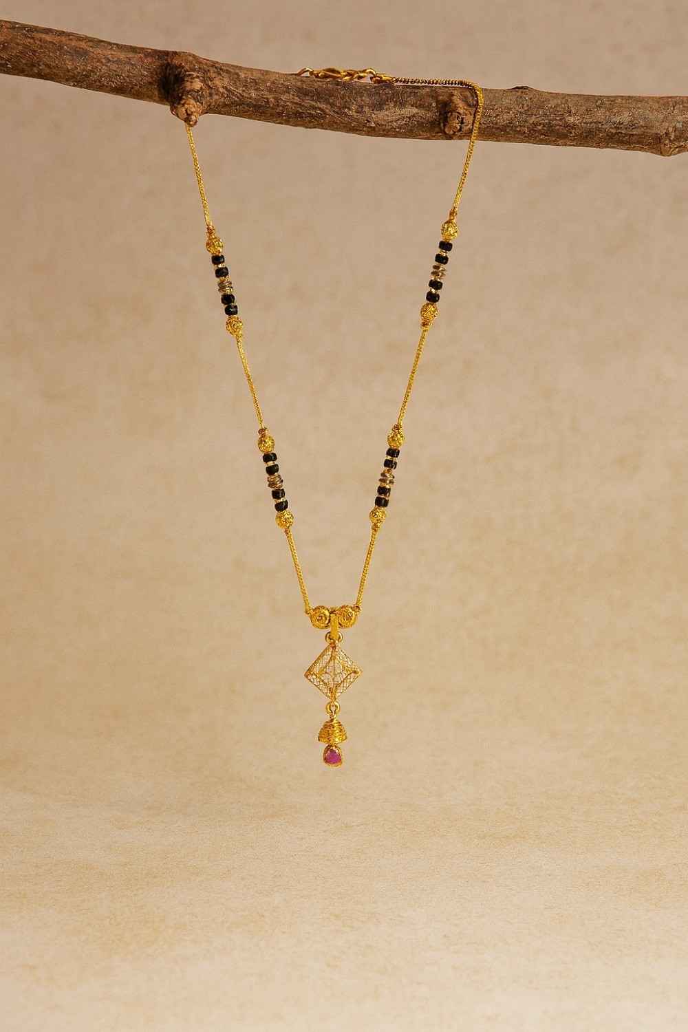 Elegant Double Chain Mangalsutra with Diamond-Shaped Pendant – Gold-Plated Daily Wear Design for Women