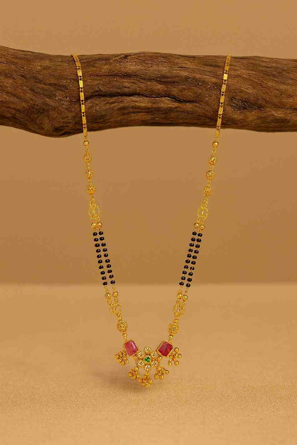 Traditional Gold-Plated Mangalsutra with Ruby-Green Stones & Black Beads – Premium Bridal & Daily Wear Design