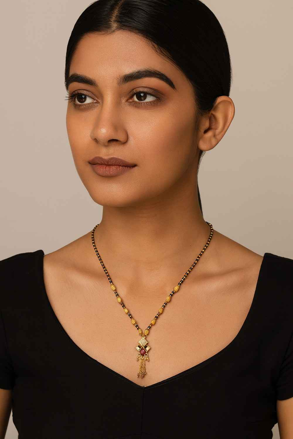 Royal Gold-Plated Traditional Mangalsutra – Purple Stone Pendant with Black Beads