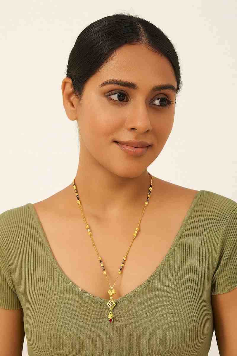 Gold-Plated Traditional Diamond Mangalsutra – Red Stone Pendant with Pearl & Black Beads