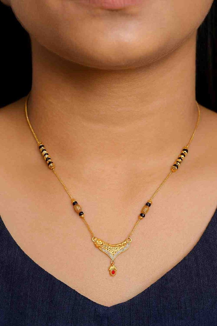 Traditional Dual-Tone Mangalsutra – Gold-Plated with Red Stone Pendant for Daily Wear