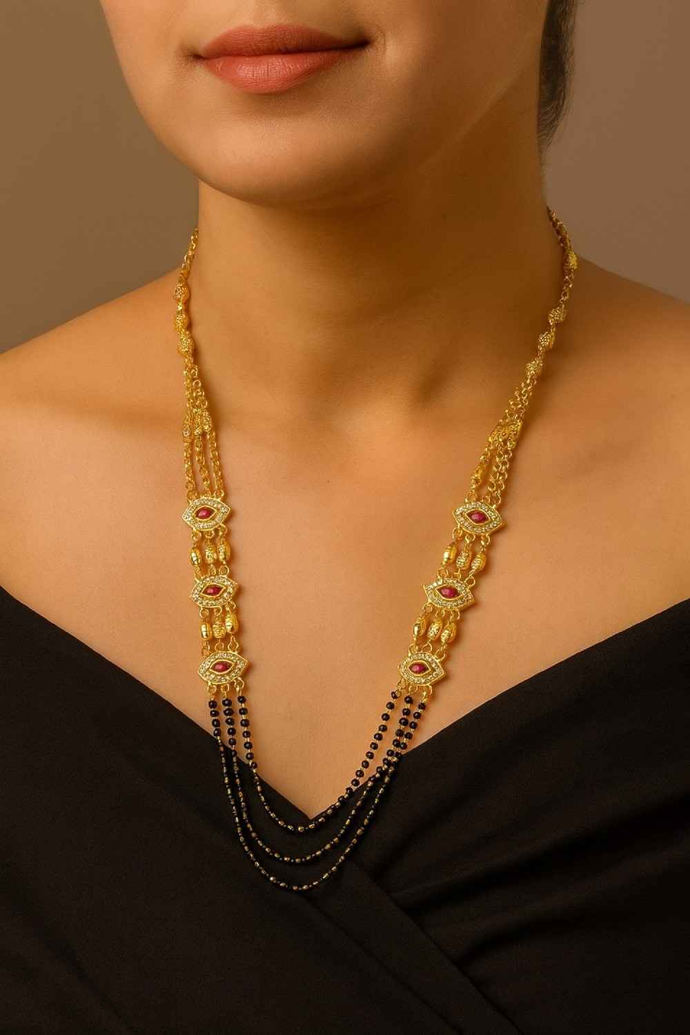 Royal Gold-Plated Double-Layer Long Mangalsutra – Red Stone & Black Bead Design