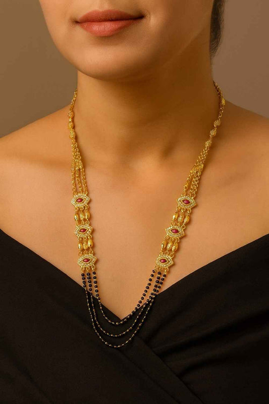 Royal Gold-Plated Double-Layer Long Mangalsutra – Red Stone & Black Bead Design