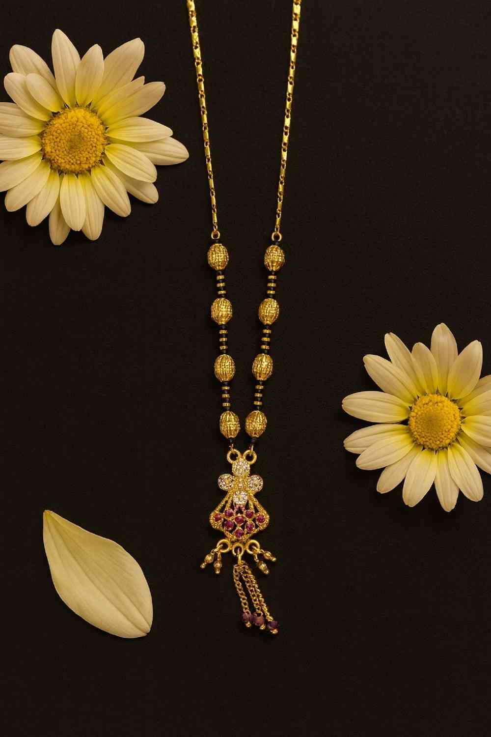 Royal Gold-Plated Double-Layer Long Mangalsutra – Red Stone & Black Bead Design