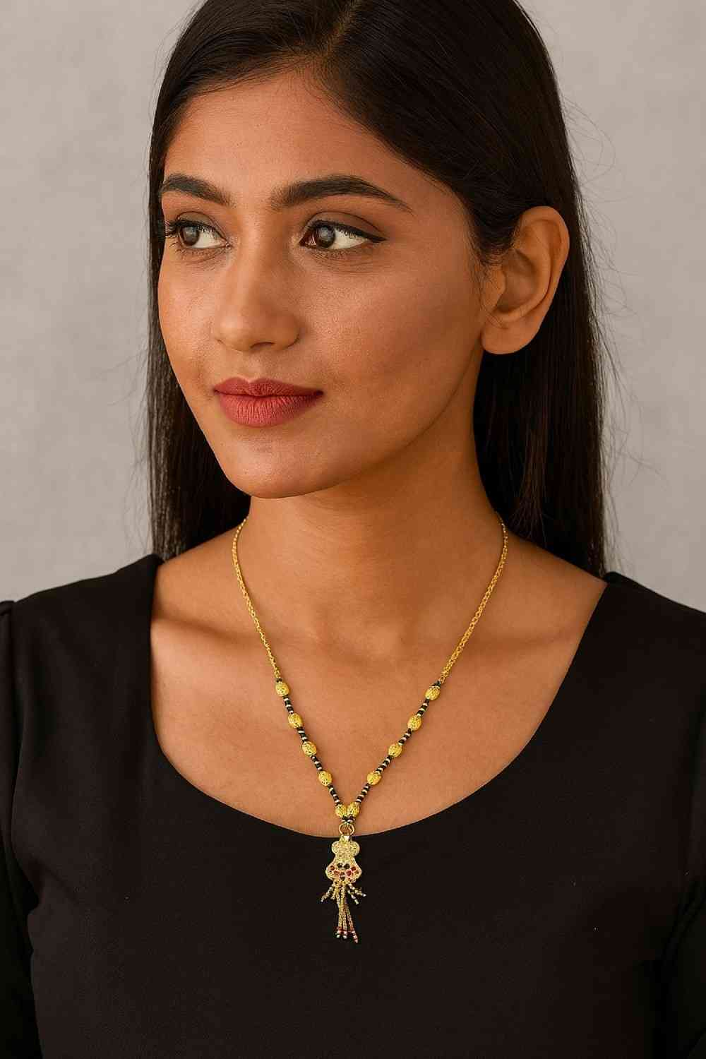 Royal Gold-Plated Double-Layer Long Mangalsutra – Red Stone & Black Bead Design