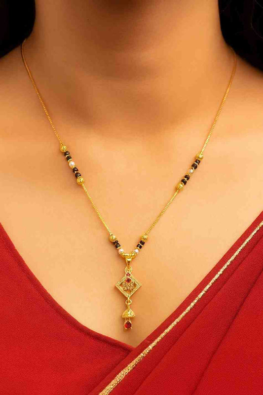Gold-Plated Traditional Diamond Mangalsutra – Red Stone Pendant with Pearl & Black Beads