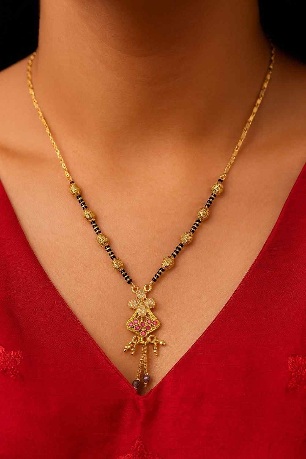 Royal Gold-Plated Double-Layer Long Mangalsutra – Red Stone & Black Bead Design