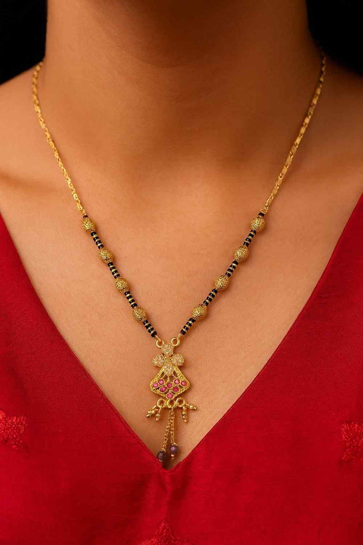 Royal Gold-Plated Double-Layer Long Mangalsutra – Red Stone & Black Bead Design