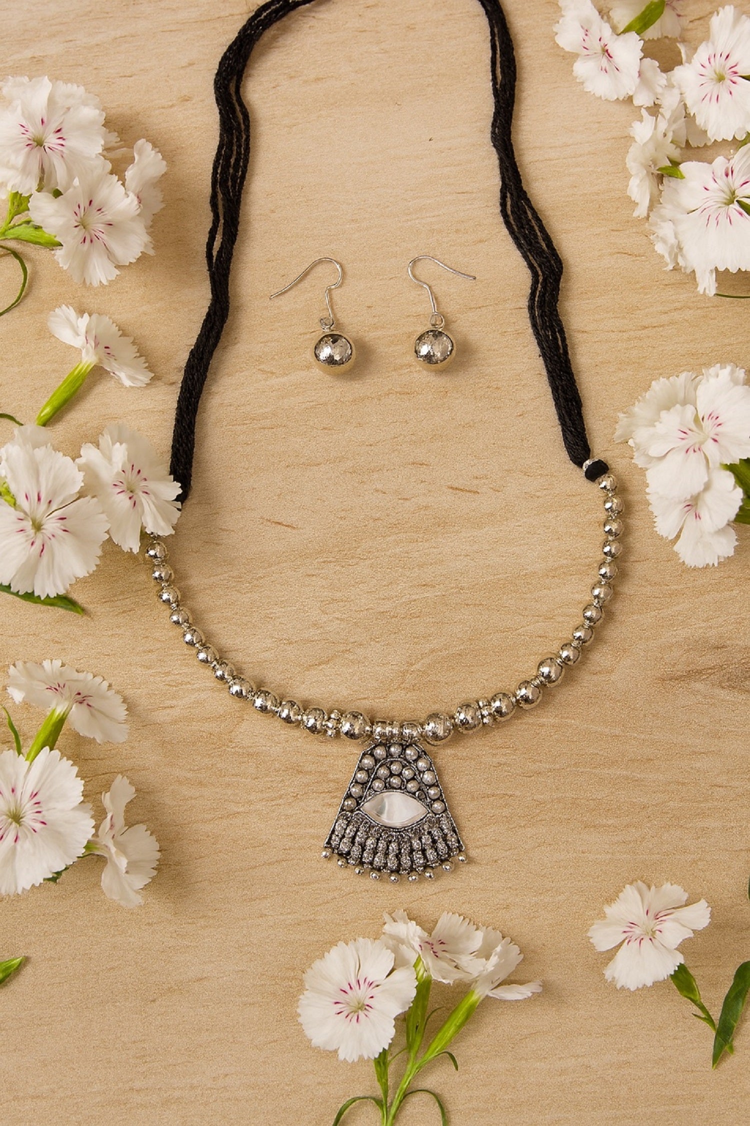Oxidised Beaded Necklace with Black Stone Pendant & Earrings – Elegant Traditional Jewellery Set