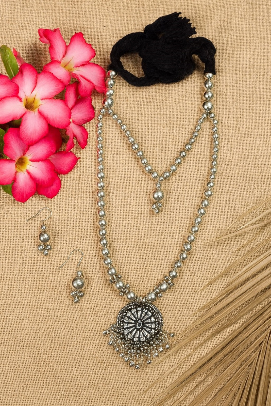 Oxidised Silver Beaded Necklace Set with Round Pendant & Earrings