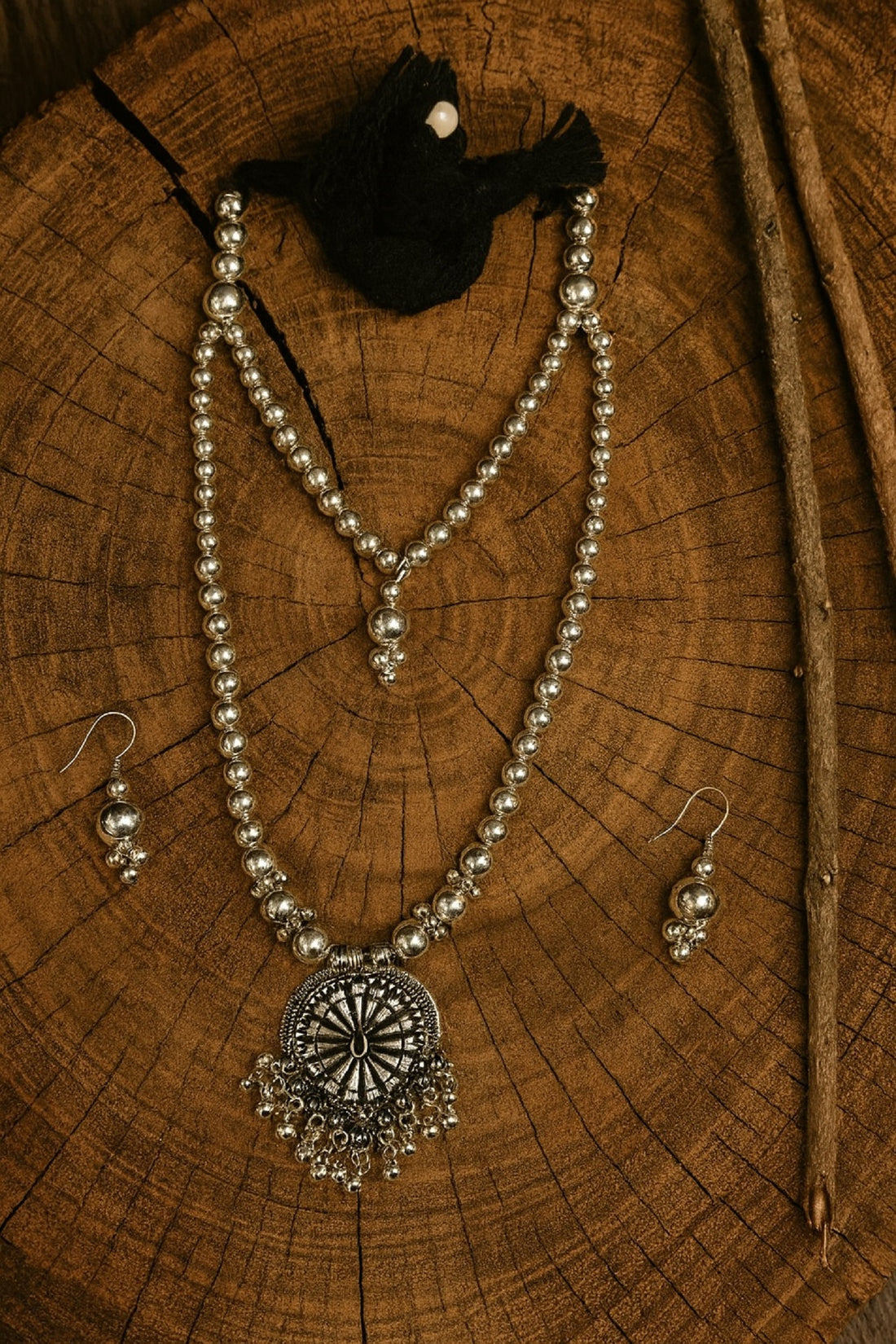 Oxidised Silver Beaded Necklace Set with Round Pendant & Earrings