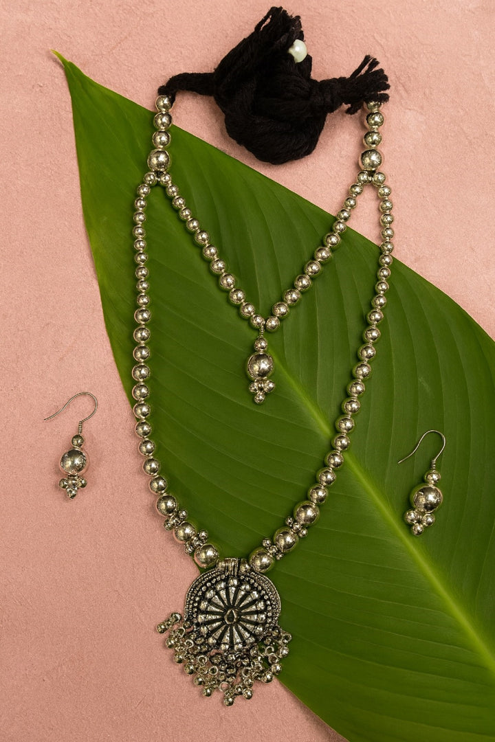 Oxidised Silver Beaded Necklace Set with Round Pendant & Earrings