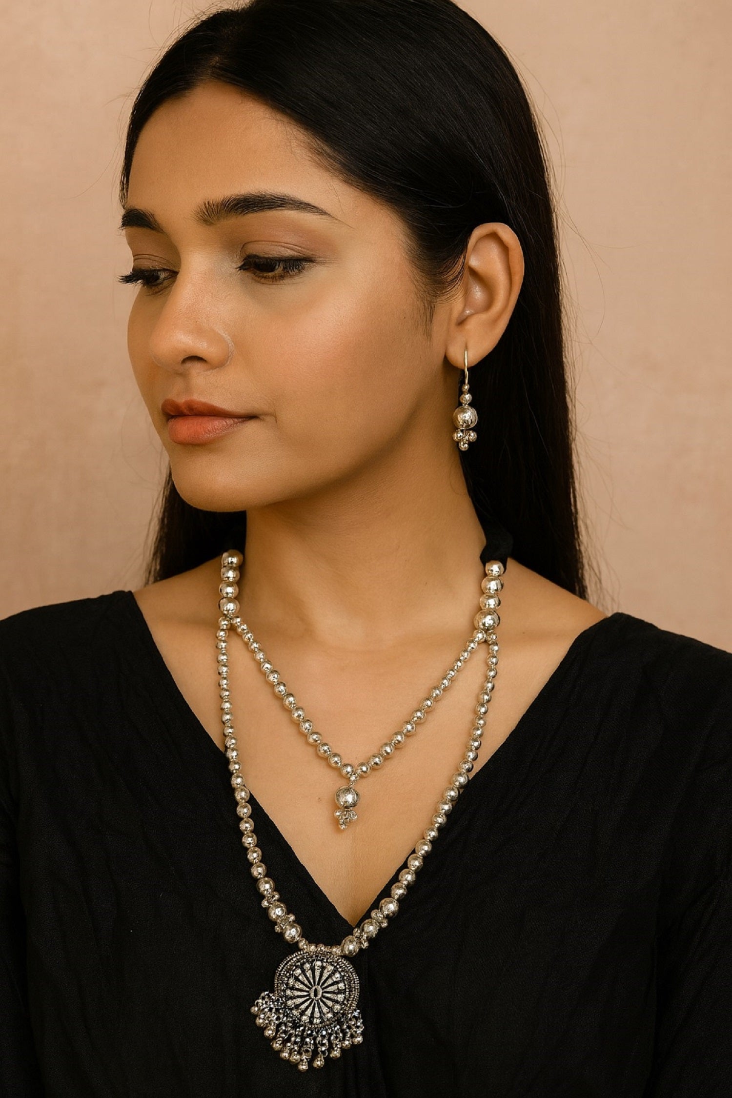 Oxidised Silver Beaded Necklace Set with Round Pendant & Earrings