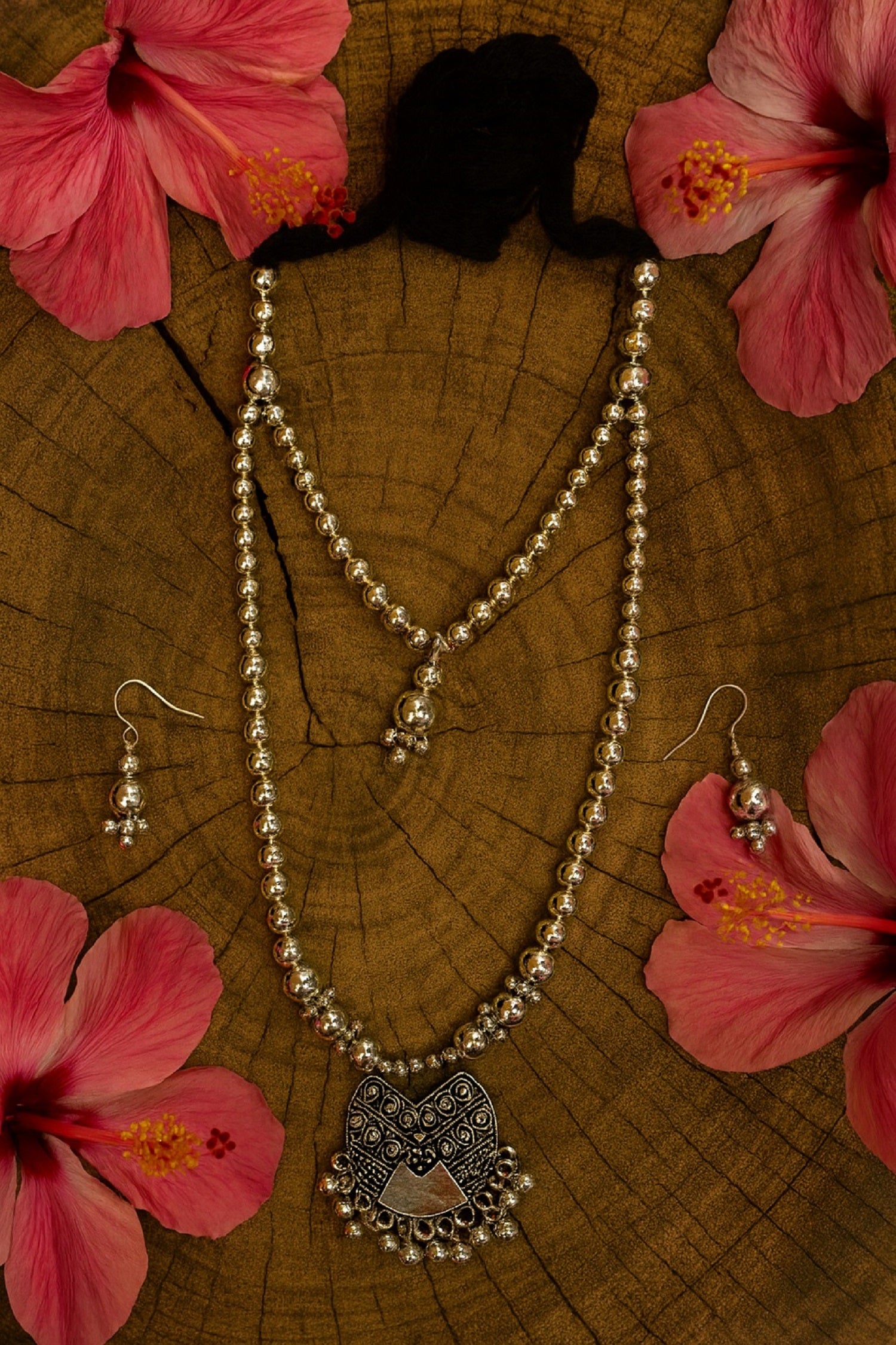 Oxidised Silver Beaded Necklace Set with Ethnic Heart-Shaped Pendant & Earrings