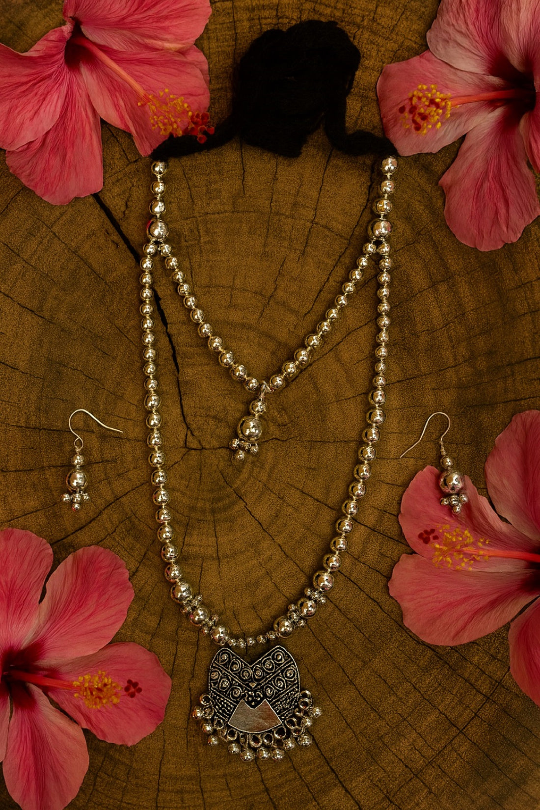 Oxidised Silver Beaded Necklace Set with Ethnic Heart-Shaped Pendant & Earrings