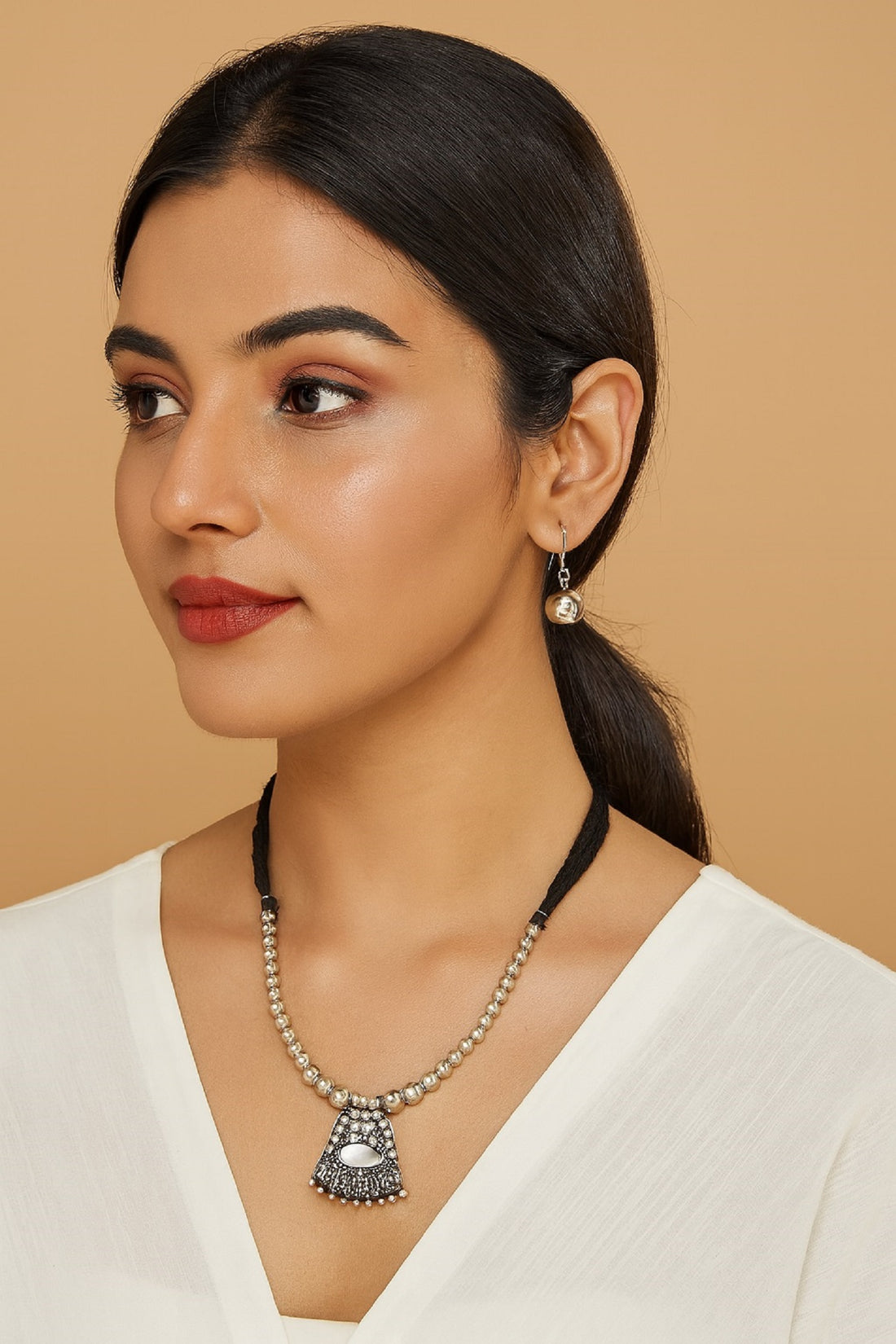 Oxidised Beaded Necklace with Black Stone Pendant & Earrings – Elegant Traditional Jewellery Set