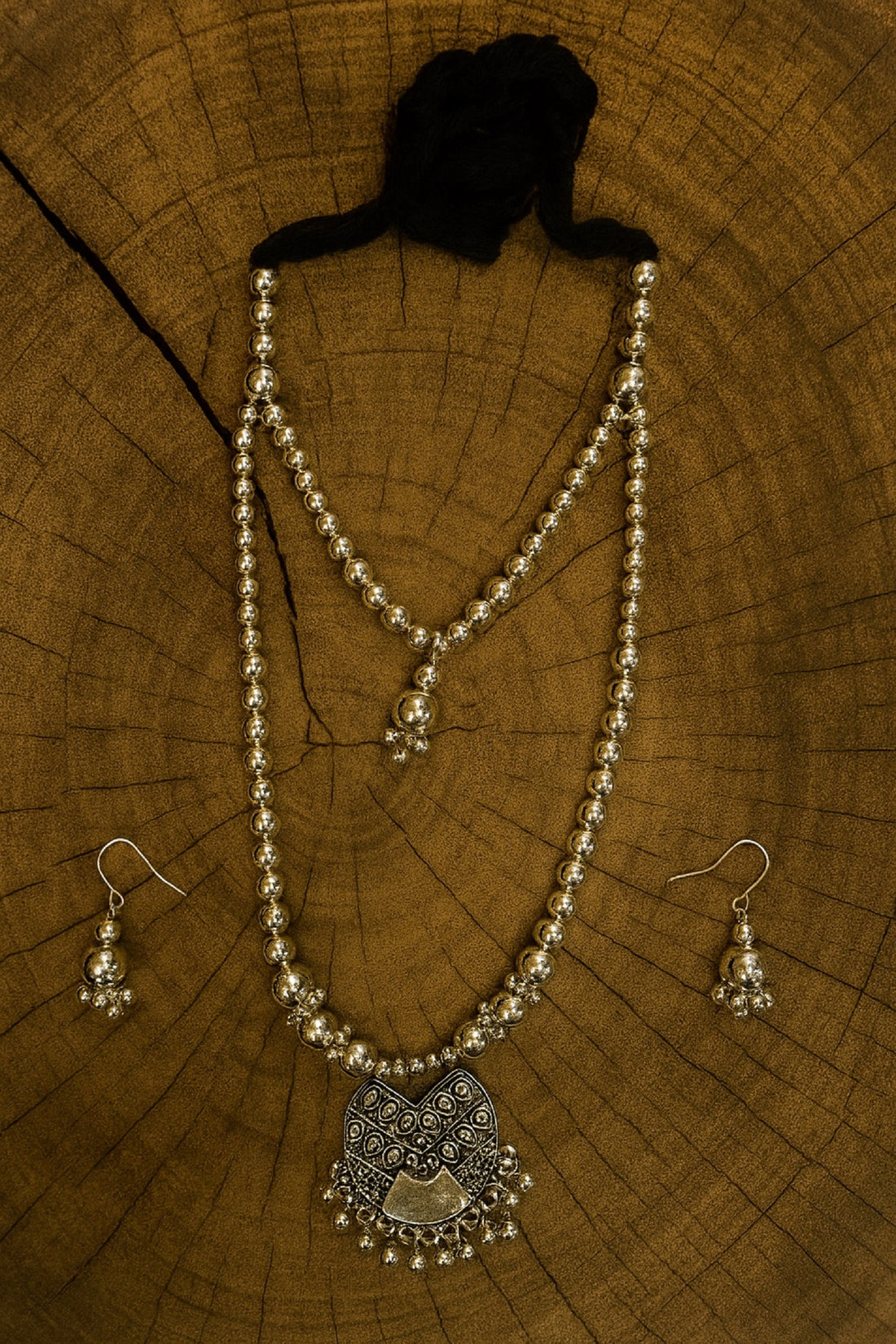 Oxidised Silver Beaded Necklace Set with Ethnic Heart-Shaped Pendant & Earrings