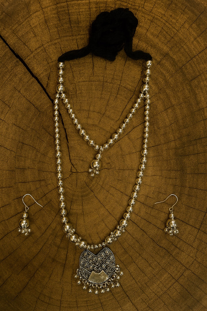 Oxidised Silver Beaded Necklace Set with Ethnic Heart-Shaped Pendant & Earrings