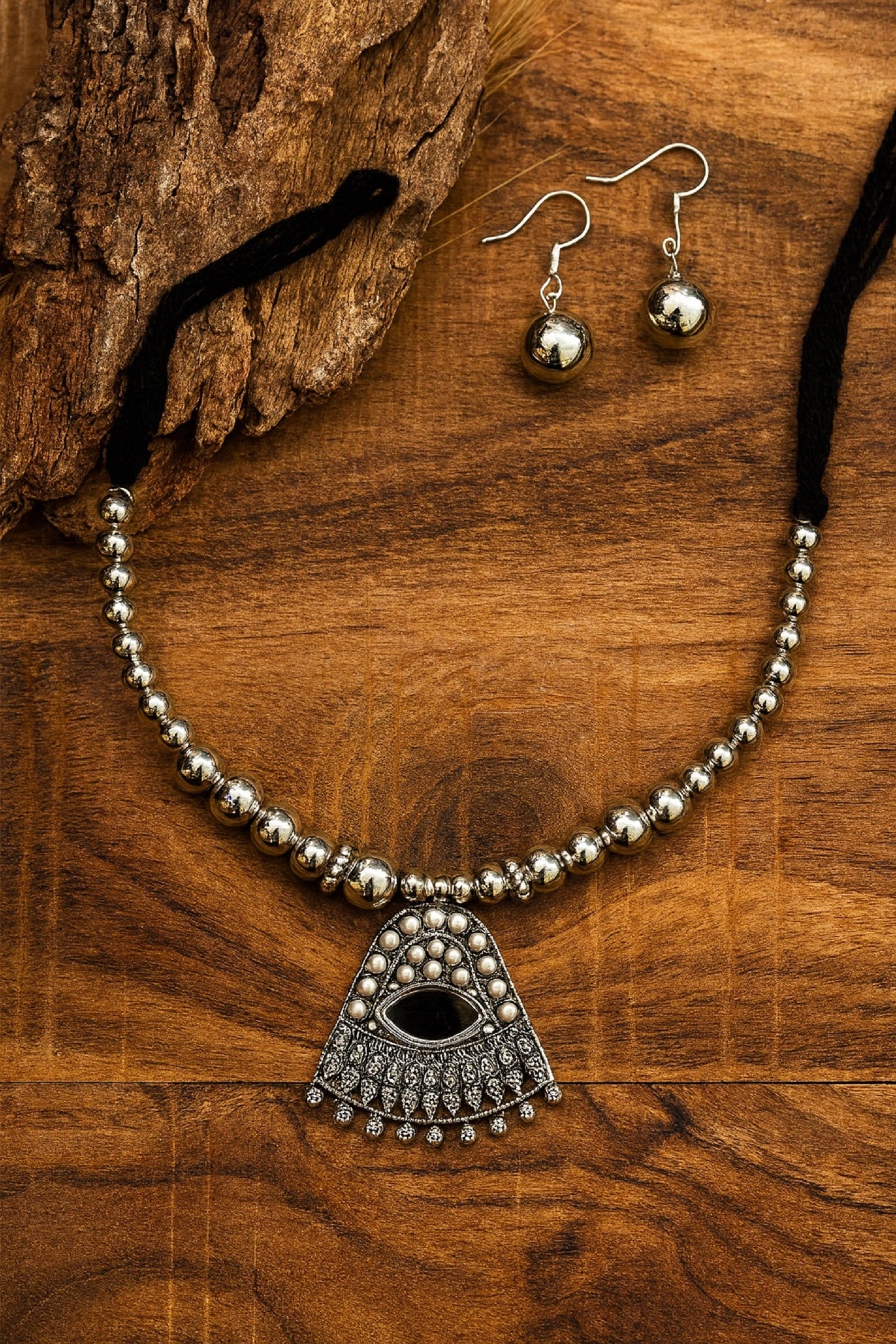 Oxidised Beaded Necklace with Black Stone Pendant & Earrings – Elegant Traditional Jewellery Set