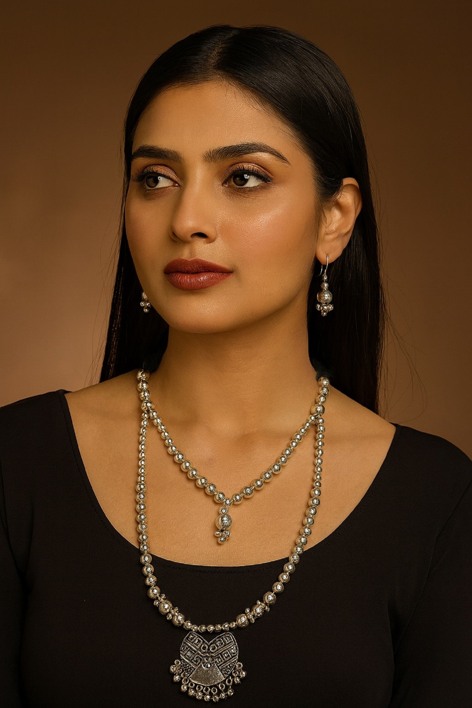 Oxidised Silver Beaded Necklace Set with Ethnic Heart-Shaped Pendant & Earrings