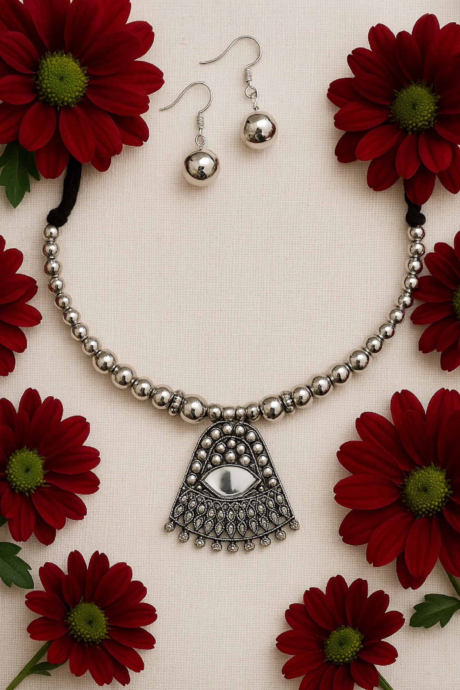 Oxidised Beaded Necklace with Black Stone Pendant & Earrings – Elegant Traditional Jewellery Set