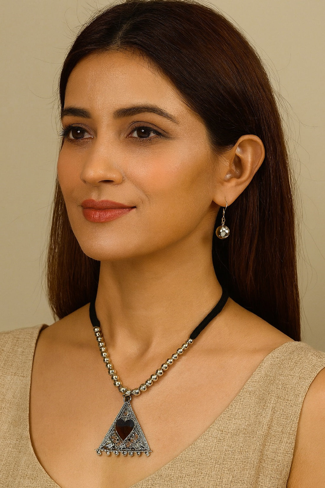 Traditional Beaded Necklace with Triangle Heart Pendant & Matching Earrings – Elegant Oxidised Jewellery Set