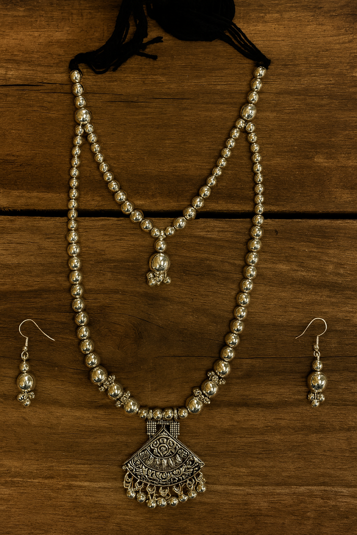 Oxidised Long Double-Layer Necklace with Engraved Pendant & Earrings – Traditional Beaded Jewellery Set