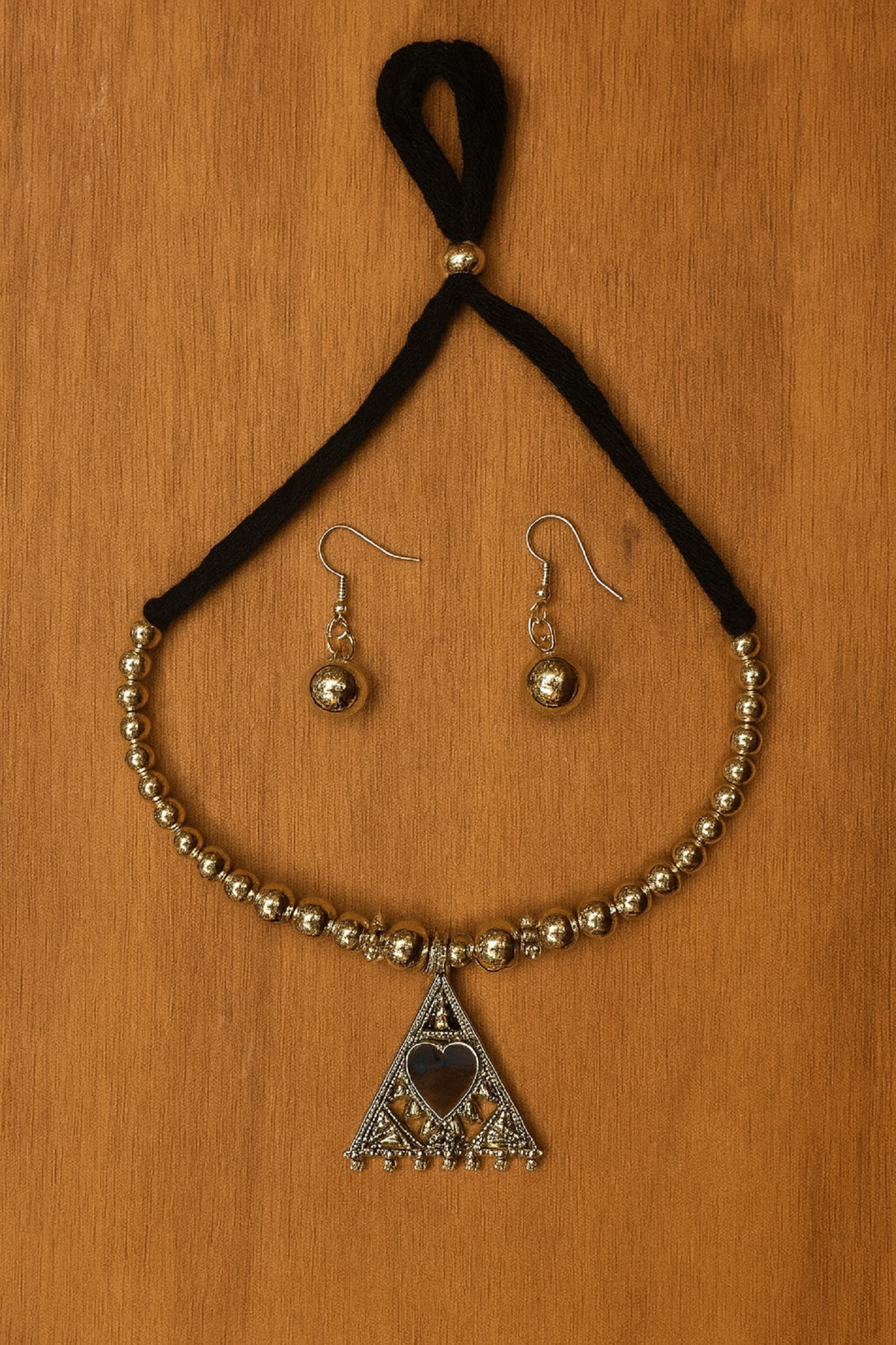 Traditional Beaded Necklace with Triangle Heart Pendant & Matching Earrings – Elegant Oxidised Jewellery Set