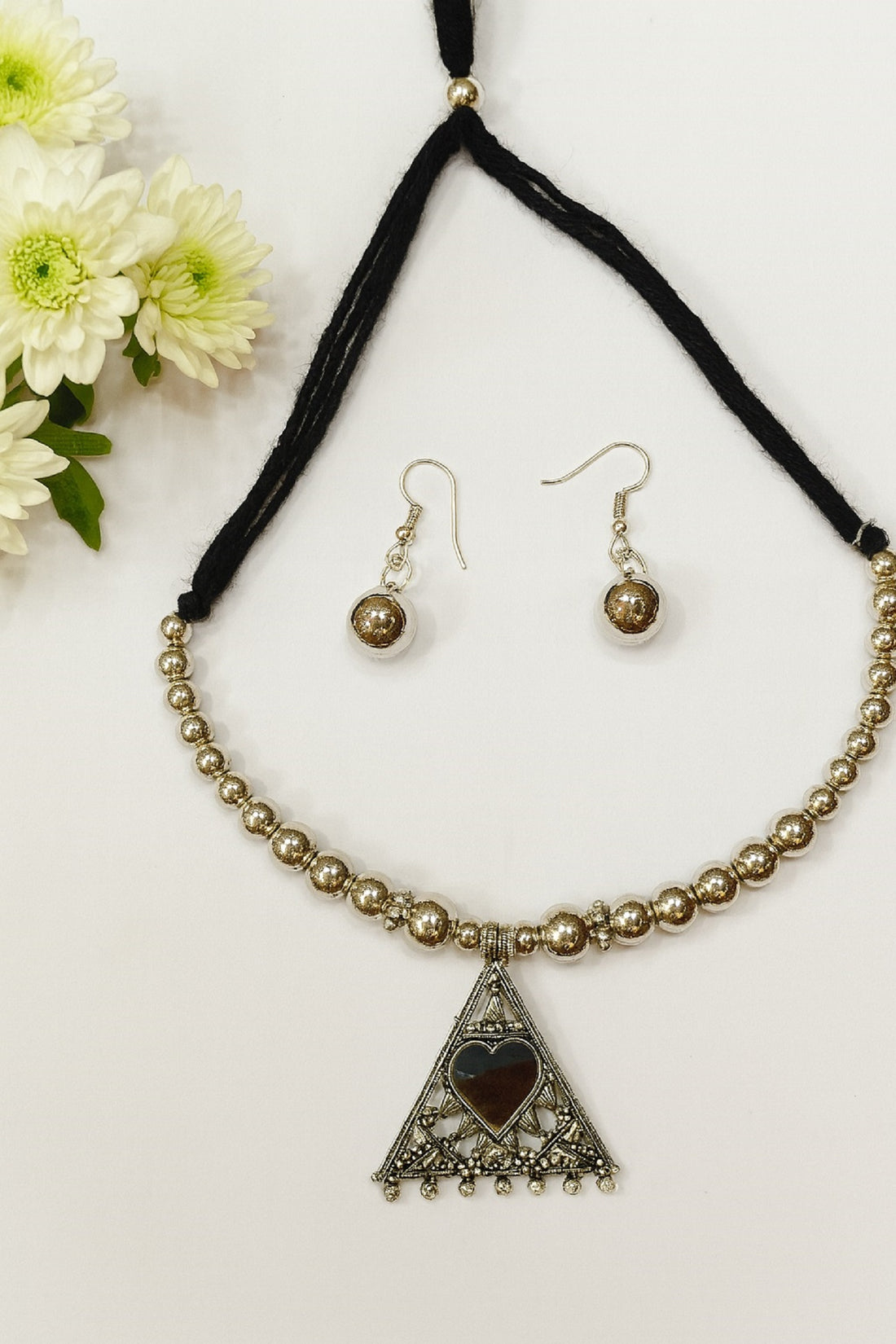 Traditional Beaded Necklace with Triangle Heart Pendant & Matching Earrings – Elegant Oxidised Jewellery Set