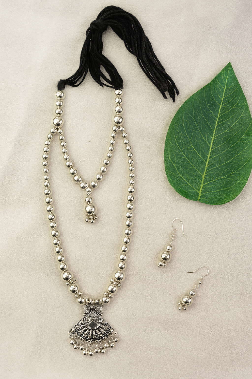 Oxidised Long Double-Layer Necklace with Engraved Pendant & Earrings – Traditional Beaded Jewellery Set