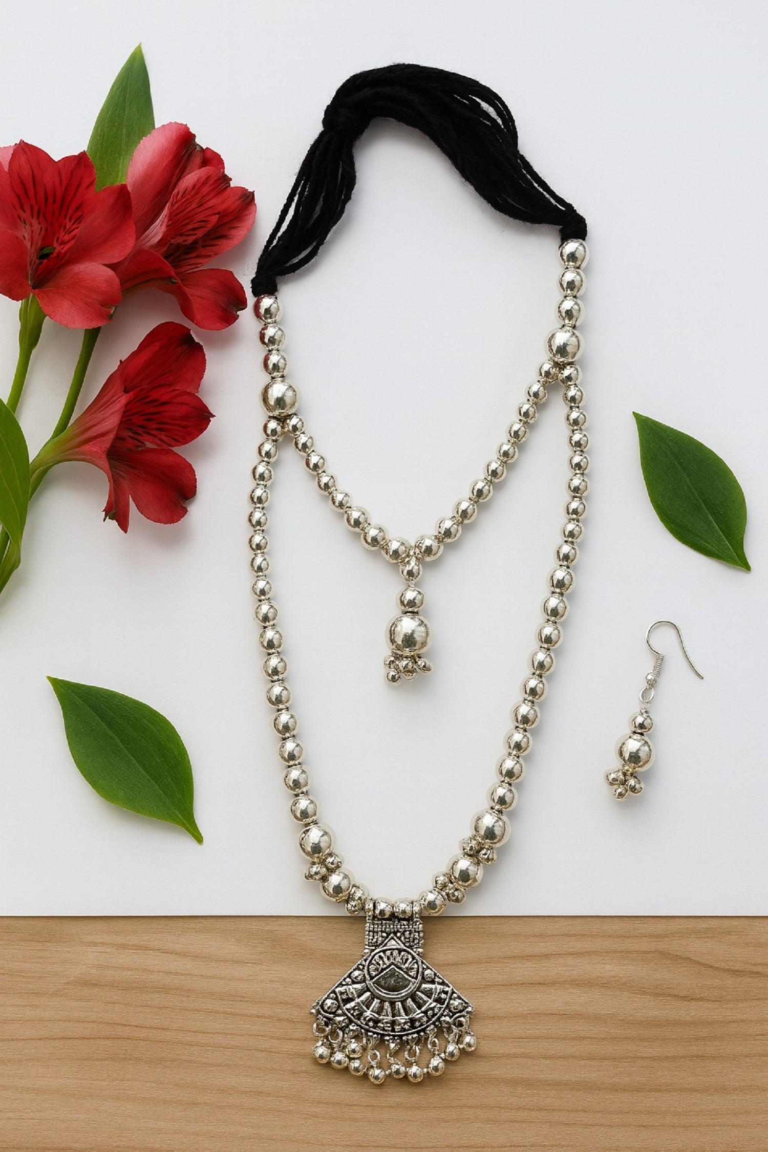 Oxidised Long Double-Layer Necklace with Engraved Pendant & Earrings – Traditional Beaded Jewellery Set
