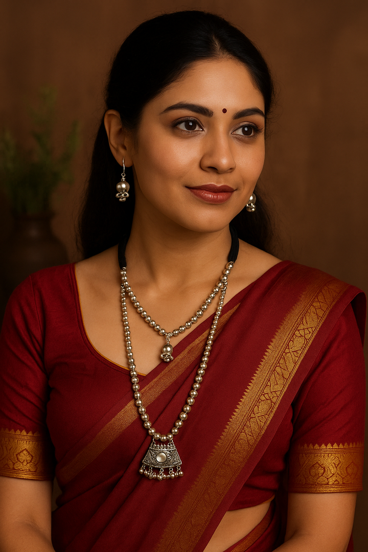 Oxidised Silver Beaded Necklace Set with Antique Square Pendant & Earrings